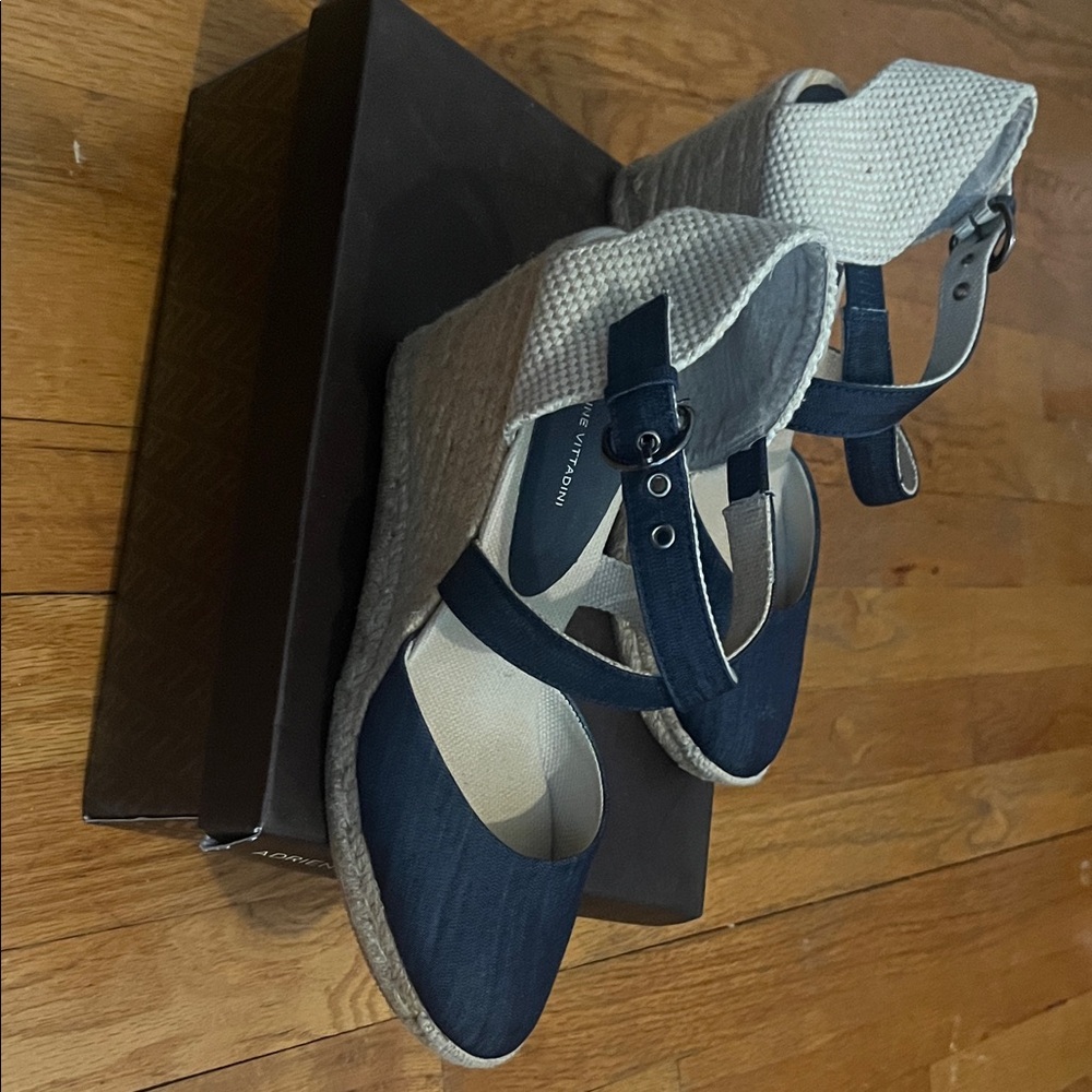 Adrienne Vittadini Blue and Cream Wedges